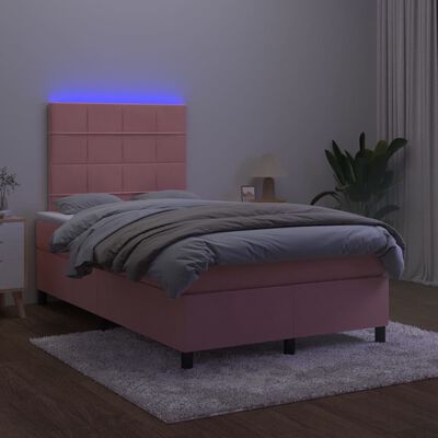 vidaXL Κρεβάτι Boxspring με Στρώμα & LED Ροζ 120x200 εκ. Βελούδινο