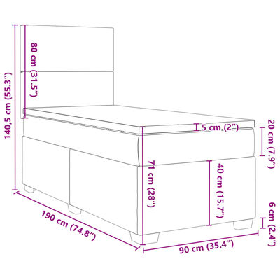 vidaXL Κρεβάτι Boxspring με Στρώμα Σκούρο Γκρι 90x190 εκ. Βελούδινο