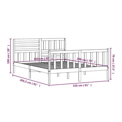 vidaXL Πλαίσιο Κρεβατιού Μαύρο 150 x 200 εκ. Μασίφ Ξύλο King Size