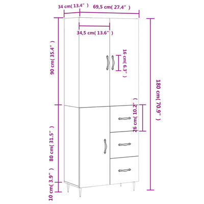 vidaXL Ντουλάπι Γυαλιστερό Λευκό 69,5x34x180 εκ. Επεξεργασμένο Ξύλο