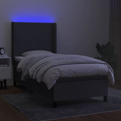 vidaXL Κρεβάτι Boxspring με Στρώμα & LED Σκ.Γκρι 90x200 εκ. Υφασμάτινο