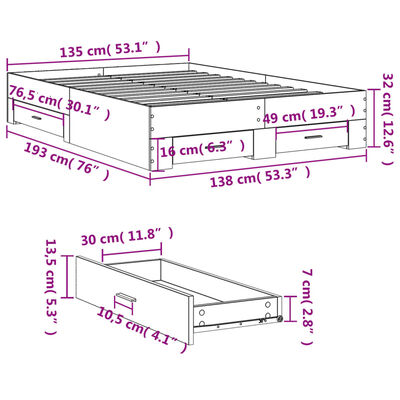 vidaXL Πλαίσιο Κρεβατιού με Συρτάρια Μαύρο 135x190 εκ Επεξεργ. Ξύλο