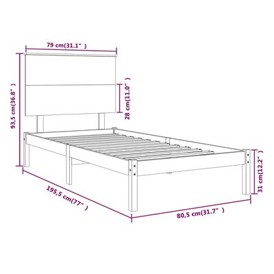 vidaXL Πλαίσιο Κρεβατιού Μελί 75x190 εκ. Ξύλο Πεύκου Small Single