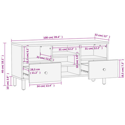 vidaXL Έπιπλο Τηλεόρασης Μαύρο 100 x 33 x 46 εκ. από Μασίφ Ξύλο Μάνγκο