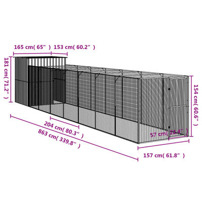 vidaXL Σπιτάκι Σκύλου με Αυλή Αν. Γκρι 165x863x181 εκ. Γαλβαν. Χάλυβας