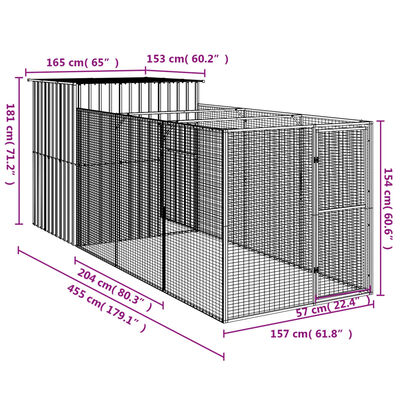 vidaXL Σπιτάκι Σκύλου με Αυλή Αν. Γκρι 165x455x181 εκ. Γαλβαν. Χάλυβας