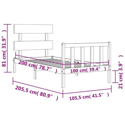 vidaXL Πλαίσιο Κρεβατιού με Κεφαλάρι 100 x 200 εκ. από Μασίφ Ξύλο