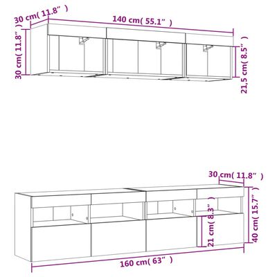 vidaXL Έπιπλα Τοίχου Τηλεόρασης 5 τεμ LED Μαύρα από Επεξεργασμένο Ξύλο