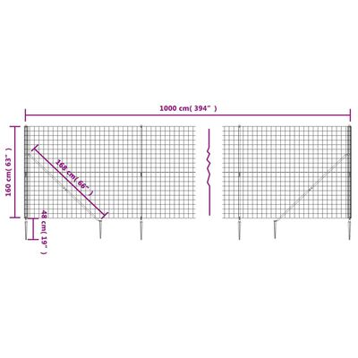 vidaXL Συρματόπλεγμα Περίφραξης Ανθρακί 1,6 x 10 μ. με Καρφωτές Βάσεις