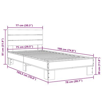 vidaXL Πλαίσιο Κρεβατιού Καφέ Δρυς 75x190 εκ. Επεξ. Ξύλο & Μέταλλο