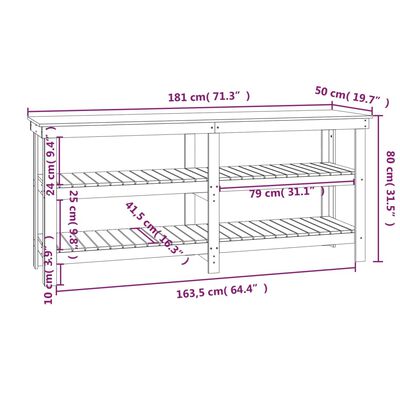 vidaXL Πάγκος Εργασίας 181 x 50 x 80 εκ. από Μασίφ Ξύλο Πεύκου