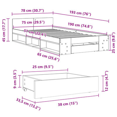 vidaXL Πλαίσιο Κρεβατιού με Συρτάρια Καφέ Δρυς 75x190 εκ.