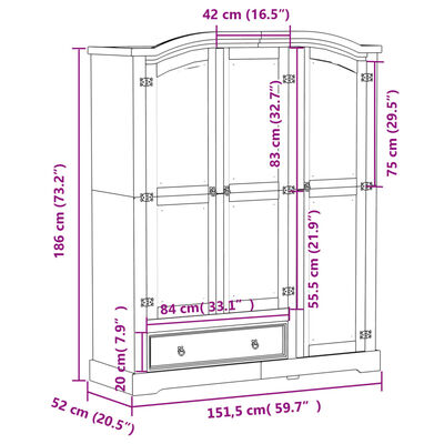 vidaXL Ντουλάπα Corona Λευκό 151,5x52x186 εκ. από Μασίφ Ξύλο Πεύκου