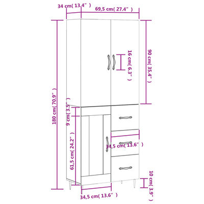 vidaXL Ντουλάπι Γυαλιστερό Λευκό 69,5x34x180 εκ. Επεξεργασμένο Ξύλο