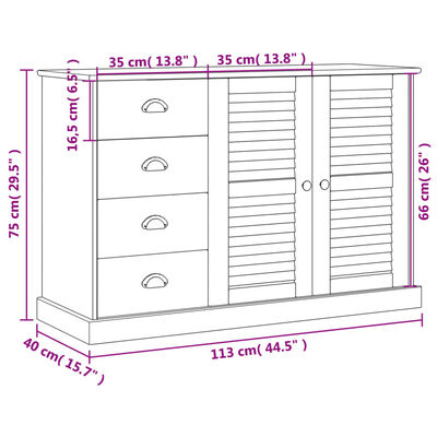 vidaXL Μπουφές με Συρτάρια VIGO Λευκό 113x40x75 εκ. Μασίφ Ξύλο Πεύκου