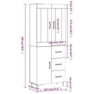 vidaXL Ντουλάπι Γκρι Sonoma 69,5 x 34 x 180 εκ. Επεξεργασμένο Ξύλο