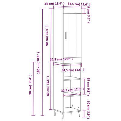 vidaXL Ντουλάπι Λευκό 34,5 x 34 x 180 εκ. από Επεξεργασμένο Ξύλο