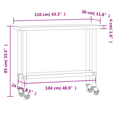 vidaXL Πάγκος Εργασίας Κουζίνας με Ροδάκια 110x30x85 εκ. Ανοξ. Ατσάλι