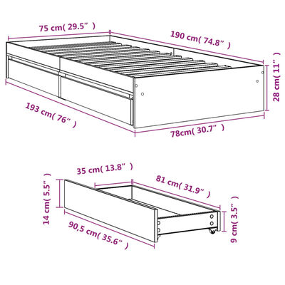 vidaXL Πλαίσιο Κρεβατιού με Συρτάρια Γκρι Sonoma 75x190 εκ. Επεξ. Ξύλο