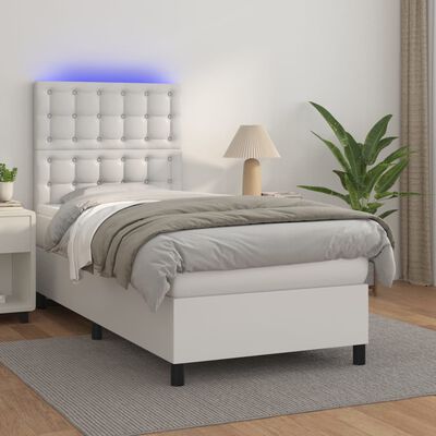 vidaXL Κρεβάτι Boxspring με Στρώμα & LED Λευκό 90x200 εκ. Συνθ. Δέρμα