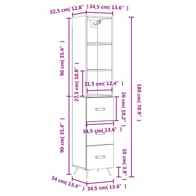 vidaXL Ντουλάπι Μαύρο 34,5 x 34 x 180 εκ. από Επεξεργασμένο Ξύλο