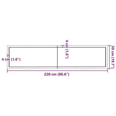 vidaXL Πάγκος Μπάνιου 220 x 50 x (2-6) εκ. από Ακατέργαστο Μασίφ Ξύλο