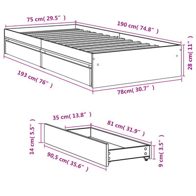 vidaXL Πλαίσιο Κρεβατιού με Συρτάρια Sonoma Δρυς 75x190 εκ. Επεξ. Ξύλο