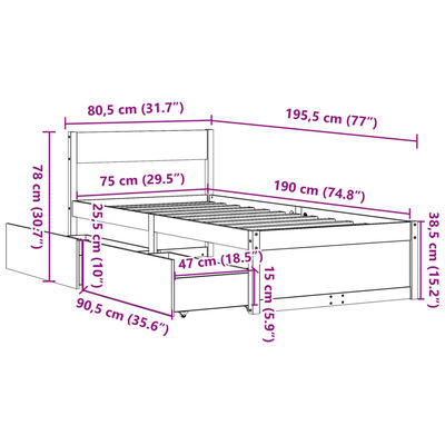 vidaXL Σκελετός Κρεβατιού Χωρίς Στρώμα 75x190 εκ Μασίφ Ξύλο Πεύκου