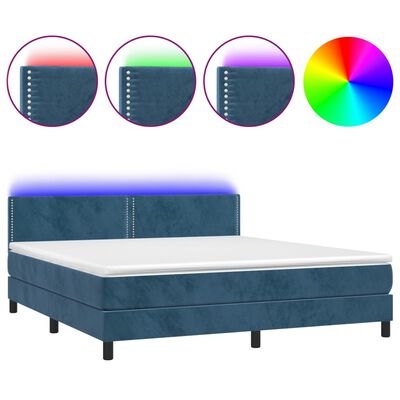 vidaXL Κρεβάτι Boxspring με Στρώμα & LED Σκ. Μπλε 160x200εκ. Βελούδινο