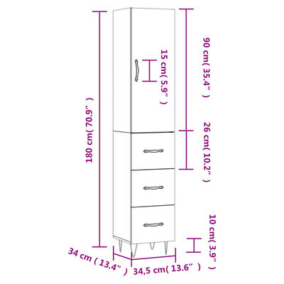 vidaXL Ντουλάπι Λευκό 34,5 x 34 x 180 εκ. από Επεξεργασμένο Ξύλο