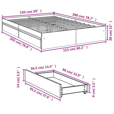 vidaXL Πλαίσιο Κρεβατιού με Συρτάρια Καφέ Δρυς 150x200εκ. Επεξ. Ξύλο