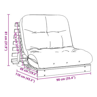 vidaXL Καναπές Κρεβάτι Futon/Στρώμα 90x206x11 Μασίφ Ξύλο Ψευδοτσούγκα