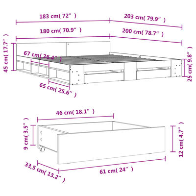 vidaXL Πλαίσιο Κρεβατιού με συρτάρια Γκρι sonoma 180x200εκ. Επεξ. Ξύλο