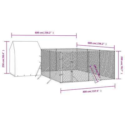 vidaXL Κλουβί Σκύλου Εξ. Χώρου με Οροφή Ασημί 6x6x2,5 μ. Γαλβ. Ατσάλι