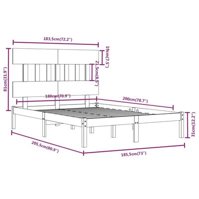 vidaXL Πλαίσιο Κρεβατιού Μαύρο 180 x 200 εκ Ξύλο Πεύκου Super King