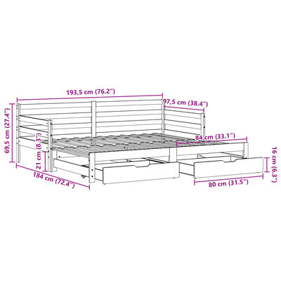 vidaXL Καναπές Κρεβάτι Συρόμενος Χωρίς Στρώμα 90x190 εκ. & Συρτάρια