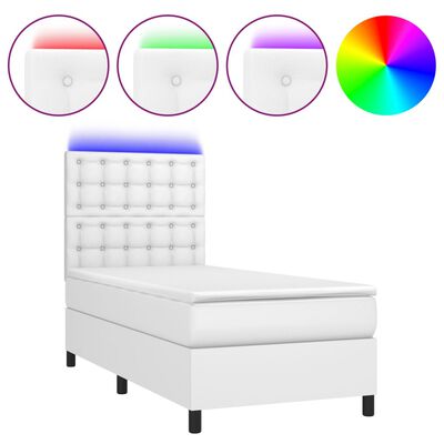 vidaXL Κρεβάτι Boxspring με Στρώμα & LED Λευκό 90x200 εκ. Συνθ. Δέρμα