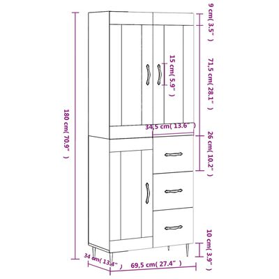 vidaXL Ντουλάπι Λευκό 69,5x34x180 εκ. από Επεξεργασμένο Ξύλο