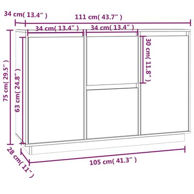 vidaXL Ντουλάπι Λευκό 111 x 34 x 75 εκ. από Μασίφ Ξύλο Πεύκου