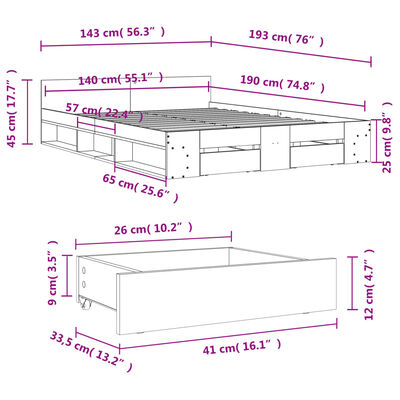 vidaXL Πλαίσιο Κρεβατιού με συρτάρια Sonoma Δρυς 140x190εκ. Επεξ. Ξύλο