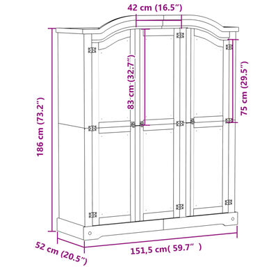 vidaXL Ντουλάπα Corona Λευκό 151,5x52x186 εκ. από Μασίφ Ξύλο Πεύκου