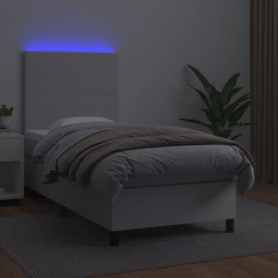 vidaXL Κρεβάτι Boxspring με Στρώμα & LED Λευκό 90x200 εκ. Συνθ. Δέρμα