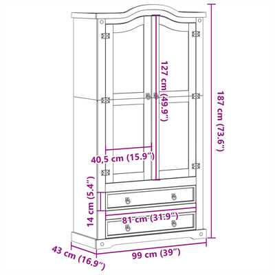 vidaXL Βιτρίνα Corona 99 x 43 x 187 εκ. από Μασίφ Ξύλο Πεύκου