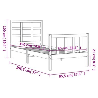 vidaXL Πλαίσιο Κρεβατιού με Κεφαλάρι 90 x 190 εκ. από Μασίφ Ξύλο