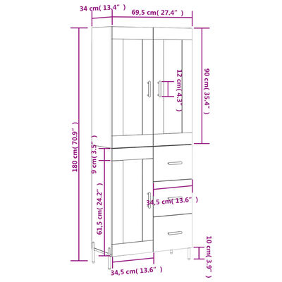 vidaXL Ντουλάπι Γκρι Σκυροδέματος 69,5x34x180 εκ. Επεξεργασμένο Ξύλο