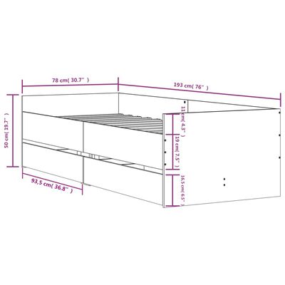 vidaXL Πλαίσιο Κρεβατιού Με Συρτάρια Γκρι Σκυρ. 75x190 εκ Small Single