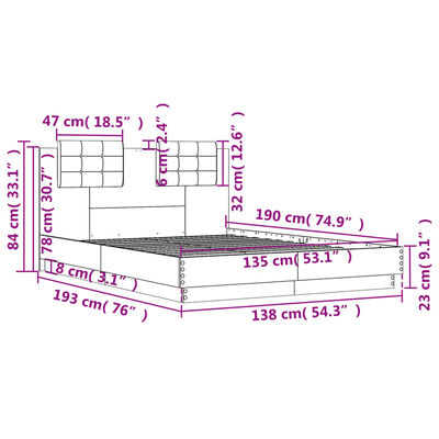 vidaXL Πλαίσιο Κρεβατιού με Κεφαλάρι Γκρι sonoma 135x190εκ. Επεξ. Ξύλο