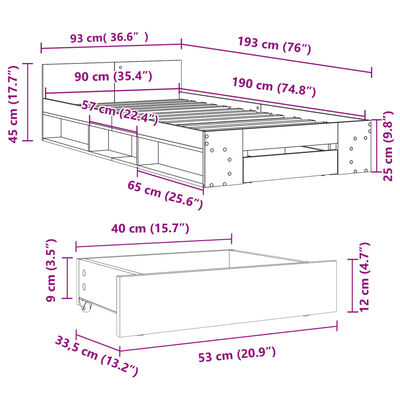 vidaXL Πλαίσιο Κρεβατιού με Συρτάρια Sonoma Δρυς 90x190εκ. Επεξ. Ξύλο