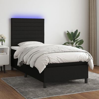 vidaXL Κρεβάτι Boxspring με Στρώμα & LED Μαύρο 100x200 εκ. Υφασμάτινο