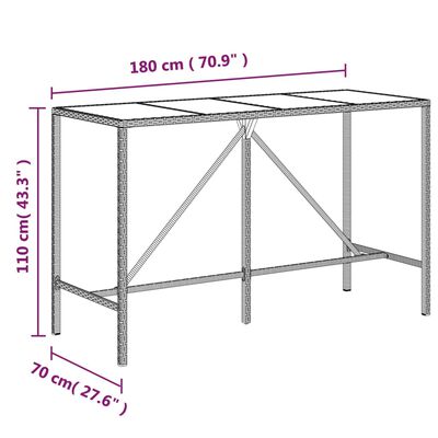 vidaXL Τραπέζι Μπαρ με Γυάλ. Επιφάνεια Καφέ 180x70x110 εκ. Συνθ. Ρατάν